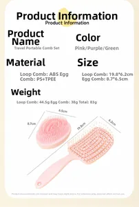 Detailed view of pink travel hairbrush set with hollow detangling comb and egg massager