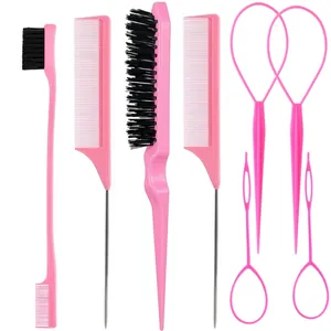 Pink hair styling tool set with rattail combs edge brushes and hair loop tools