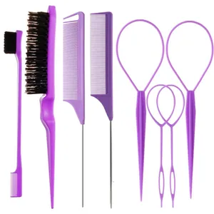 8-piece purple hair styling tool set with combs, brushes, and hair loop tools on white background