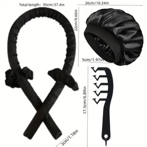 Detailed view of heatless curling rod set with dimensions for hair wrap and silk sleep cap