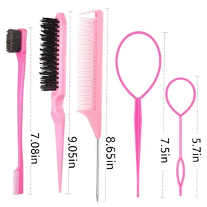 5-piece pink hair styling set with steel needle tail comb, edge brush and hair loop tools