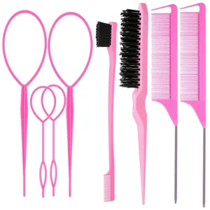 8-piece bright pink hair styling tool set with tail combs, hair loops, and edge brush