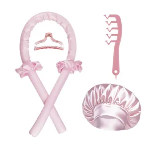 Heatless Hair Curler Set With Satin Sleep Bonnet Wide Tooth Comb Scrunchies Claw Clip No Heat Hair Styling Tools For Women Overnight Hair Care Accessories