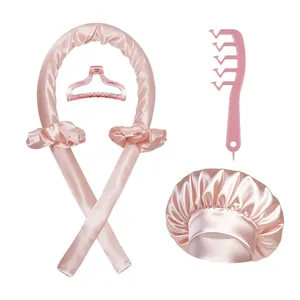 5-piece pink heatless hair curler set with satin roller, scrunchies, clip and sleep cap