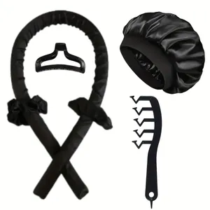 Black heatless hair curler set with satin sleep cap, scrunchies, clip, and comb