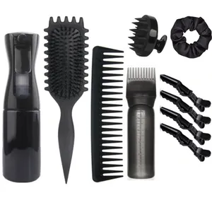 Detail view of 10-piece black hair styling kit including spray bottle and various combs