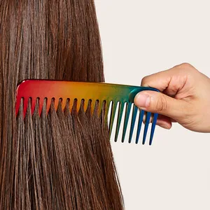 Peigne à dents larges dégradé arc-en-ciel pour démêler les cheveux longs, manche ergonomique