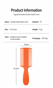 Détail d'un peigne anti-poux orange double face avec dimensions de 14,3 cm sur 4,3 cm