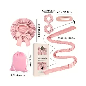 Pink silk heatless hair curler set with 160cm headband, sleep cap, and accessories
