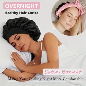 Detail of satin bonnet and heatless curler for overnight hair protection and styling
