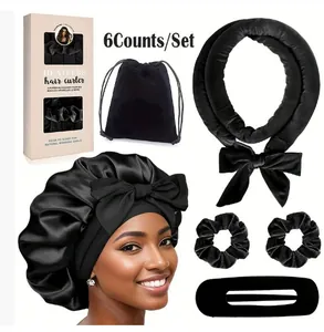 6-piece black velvet heatless hair curler set with silk sleep cap and bow styling tools