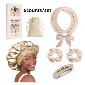 6-piece heatless hair curler set with velvet rod silk sleep cap and accessories in a gift box