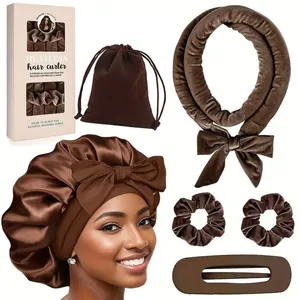 Brown velvet heatless hair curler set with satin bonnet, scrunchies, and claw clip in a gift box