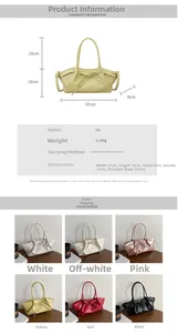 Detailed size specifications and color options for the woven bow handbag with dimensions