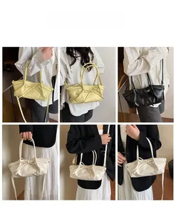Bow knot pleated crossbody bag shown in three colors with stylish model outfits
