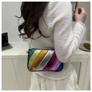 Detail of rainbow striped mini bag with metallic texture and silver studded trim