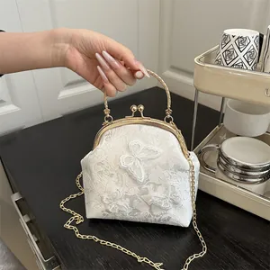 Vintage Butterfly Embroidery Kiss-Lock Bag Lace Jacquard Fabric Tote With Metal Handle Chain Shoulder Strap Women Bag