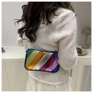 Detailed back view of a rainbow metallic striped chain bag worn by a model in a minimal setting