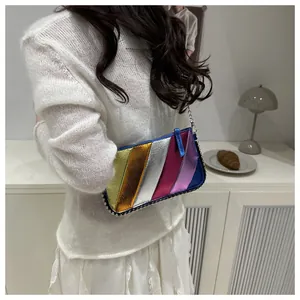 Detail showing colorful metallic stripe texture and silver beaded trim on crossbody bag