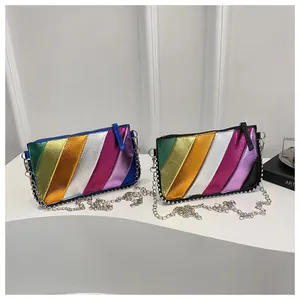 Detail of colorful metallic striped clutch bag with silver chain strap and zipper