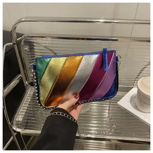 Detail of rainbow metallic crossbody bag with chain strap and lychee grain leather texture