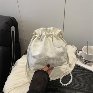 Women Elegant Floral Lace 3D Butterfly Bucket Bag With Pearl Chain Strap Drawstring Crossbody Shoulder Bag For Party Wedding