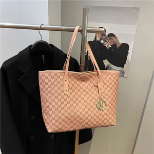 Women Fashion PU Leather Tote Bag Large Capacity Monogram Printed Shoulder Bag With Metal Pendant Office Travel Commuter Handbag