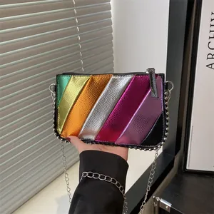 Rainbow striped chain bag with metallic leather finish and silver bead rivet detailing