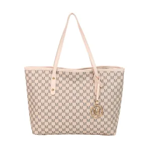 Pink monogram tote bag with repeating M-pattern and gold-tone logo charm accessory