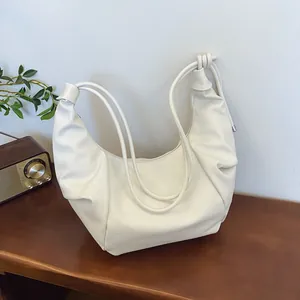 Vintage PU Leather Pleated Hobo Bag For Women Maillard Style Knot Strap Underarm Shoulder Bag Minimalist Half Moon Bag