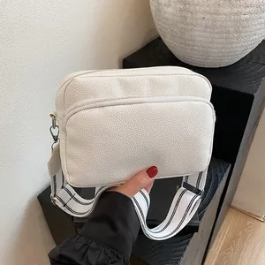 Women PU Leather Crossbody Bag Small Square Camera Bag Wide Striped Strap Litchi Texture Dual Zipper Handbag Fashion Bag