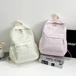 Zaino carino in tela con stampa di gatti e fiocchi per la scuola, rosa e beige