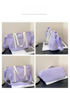 Four-way view showing lavender tote bag details with adjustable strap and bear patch