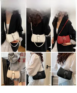 Collage of chic underarm bags in four colors shown with diverse outfits and metal buckle