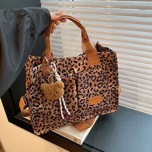 Women Leopard Print Canvas Tote Bag Large Capacity Crossbody Shoulder Handbag Fashion Commute School Bag With Plush Charm