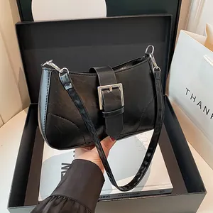 French vintage black underarm bag with silver square buckle in high-end gift box