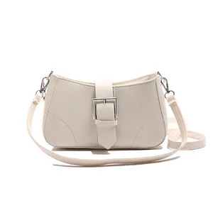 Minimalist off-white underarm bag with silver buckle and adjustable shoulder strap