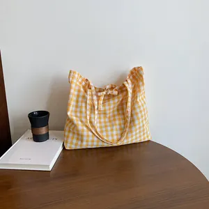 Women Summer Gingham Grid Nylon Tote Bag Fresh Style Bow Detail Large Capacity Shoulder Handbag Daily Casual Shopping Bag