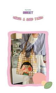 Detail of canvas tote bag with brown checkerboard pattern and cartoon girl illustration