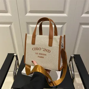 Sac Fourre-tout en Toile Rétro pour Femmes Bordure en Cuir Synthétique Contrastée Impression de Lettres Petit Sac à Bandoulière Carré