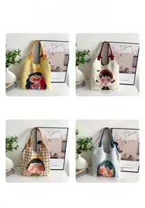 Detailed grid view showing four colorful canvas tote bags with cute cartoon girl illustrations