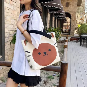 Japanese style canvas tote bag with cute cartoon animal print and black straps