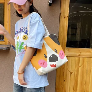 Japanese style cartoon dog canvas tote bag with large capacity for student daily use