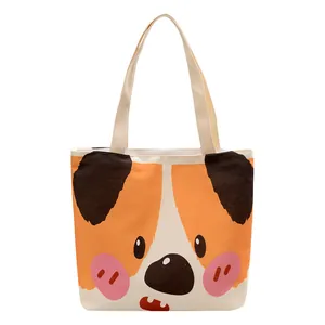 Japanese style canvas tote bag with cute cartoon dog print and spacious interior