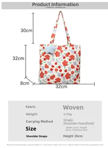Floral canvas tote bag details showing 32x32x8cm dimensions and blue star pendant