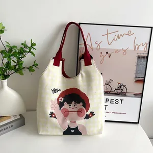 Women's Cartoon Illustration Canvas Tote Bag Large Capacity Gingham Checked Shoulder Bag With Magnetic Closure Cute Girls Printed Handbag