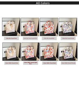 Detail view of floral canvas tote bags in four colors with star charm options