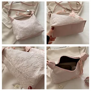 Dettaglio della borsa in pizzo rosa chiaro con ciondoli di perle e trama ravvicinata