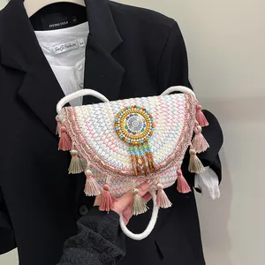 Borsa a Tracolla in Paglia Intrecciata Bohemien Fatta a Mano per Donna Con Nappine e Decorazione Mandala Etnica Estate Spiaggia