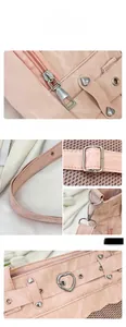 Detailed views of pink handbag with heart-shaped metal studs and marble texture finish
